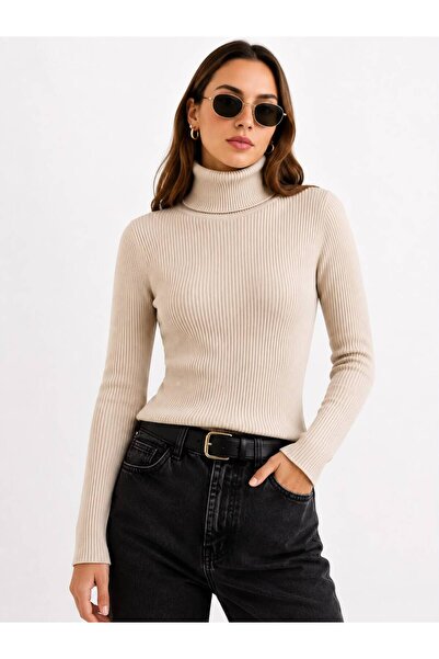 oneoff Kadın Balıkçı Yaka Fitilli Triko Kazak Uzun Kollu Slim Fit Esnek Basic...