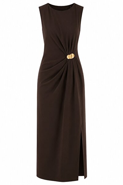 Laluvia Acı Kahve Beli Gold Buckle Long Dress - 2Y8191