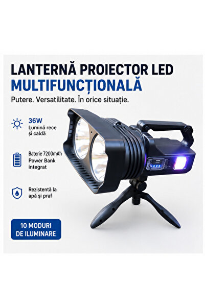 OEM Lanternă LED Proiector Reîncărcabilă 36W, IPX5, Negru