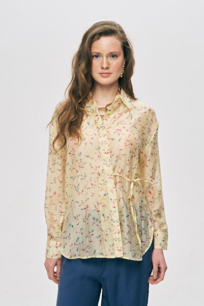 Orfeo Negro Women's Floral Patterned Side-Tie Yellow Shirt
