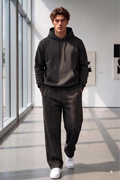 NO 601 Men's Black Plain Hooded Sweatshirt and Black Wide-Leg Sweatpants Set