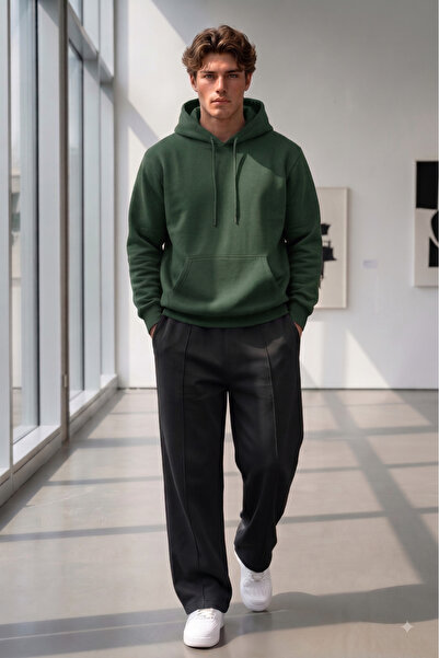 NO 601 Men's Green Plain Hooded Sweatshirt Black Wide Leg Sweatpants Set