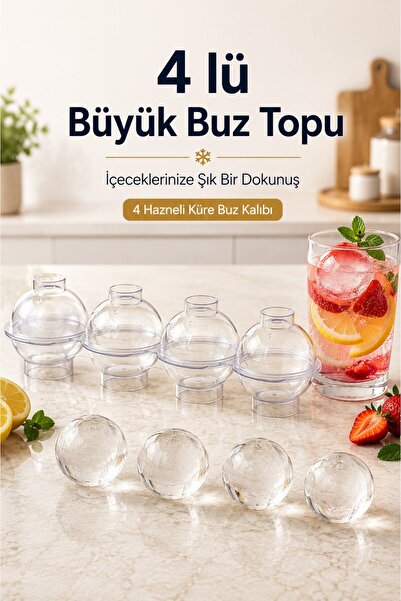 FLY LIFE 4'lü Küre Buz Kalıbı Kapaklı Yuvarlak Buz Topu