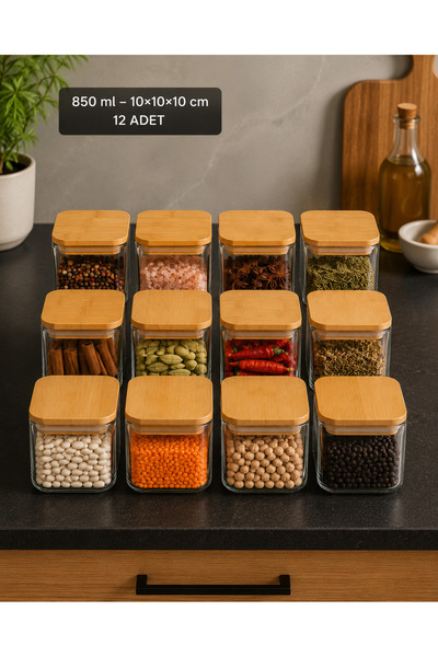 Karçiçeği Home 12’li 850 ml Kare Borosilikat Cam Kavanoz Seti – Bambu Kapaklı Vakumlu - 8460-1