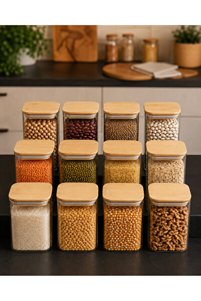 Karçiçeği Home Set of 12 1230 ml Square Borosilicate Glass Jars – Vacuum Seal...