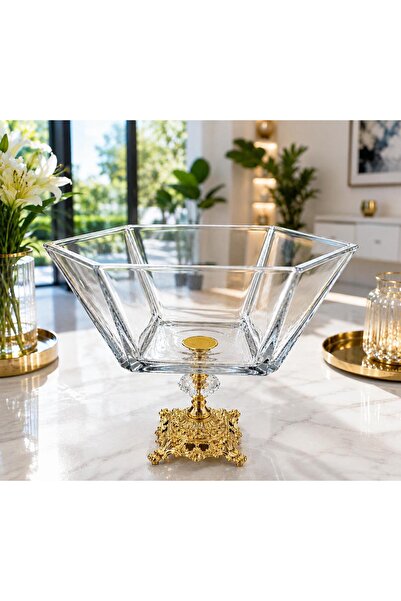 Buldem 1 Piece Gold Foot Detailed Glass Serving Plate Luxury Footed Serving P...