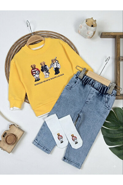 bebendy baby&kids Lycra Jean Pants with Teddy Bear Printed Socks 3-Piece Baby...