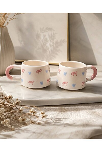 evinbizden 2'li Kurdele Kalp Desen Kupa/Fincan/Mug Seramik Model