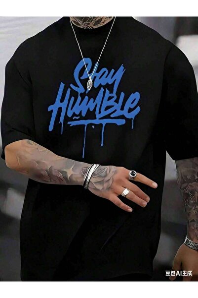 21JNRY 1pc Man' Stay Humble Print Blue TShirt Crew Neck Casual Cotton Tee Med...
