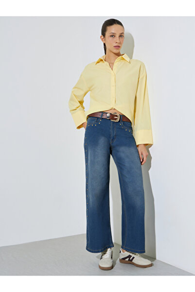 Styli Dark Blue Wide Leg Jeans with Washed Effect and Brass Studded Seams