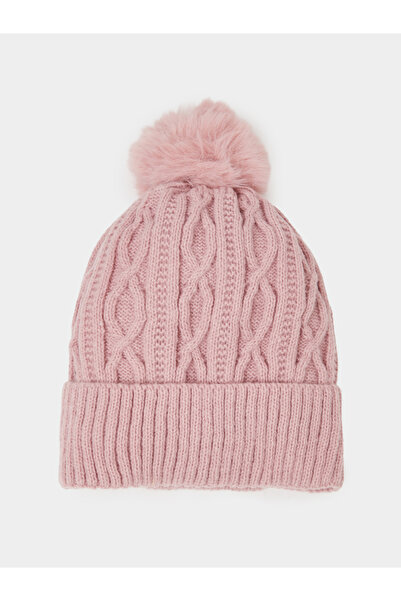 Styli Pink Cable Knit Beanie with Faux Fur Pompom
