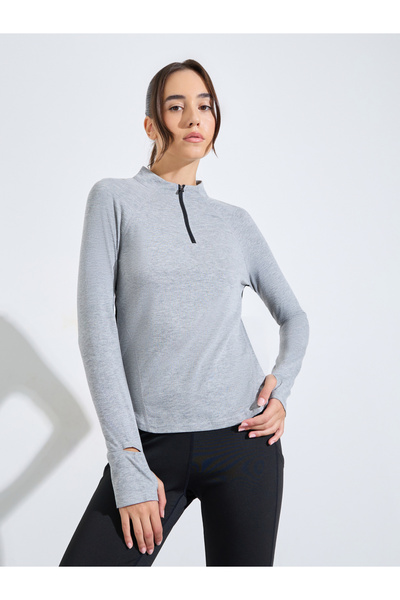 Styli Grey Logo Melange Back Breathable Panel Long Sleeve Top