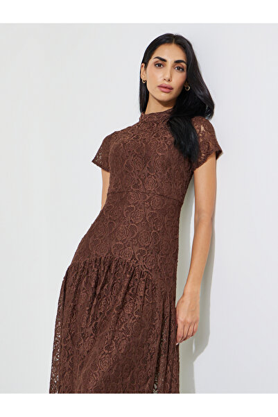 Styli Brown Short Sleeves Lace A-Line Midi Dress