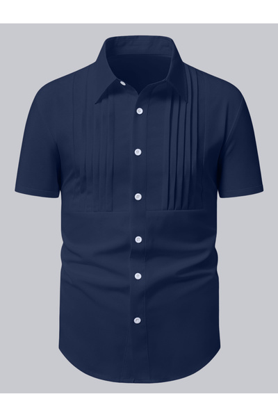 Take Two By Styli Men Navy Blue Pleated Spread Collar Shirt