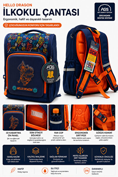 HELLO DRAGON School Bag Model 7 Blue (Npb21080L) Hd-Cn0018