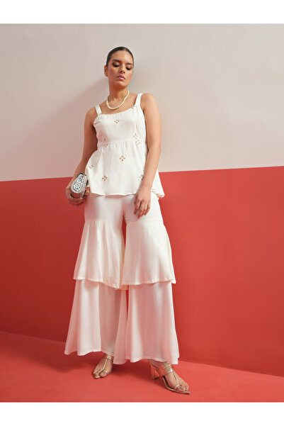Sassafras By Styli White Embroidered Top and Layered Sharara Pants Co-ord Set