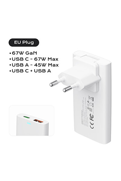 Choice3 EU Plug White 67W GaN USB C Fast Charger Quick Charge 4.0 PD3.0 PPS P...