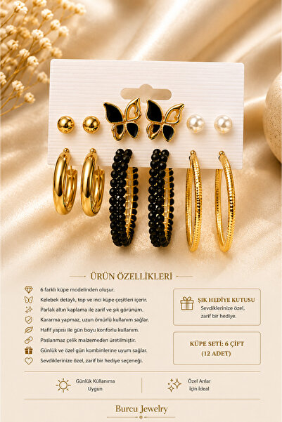 BURCU JEWELRY 6 Pairs Women's Earring Set – Butterfly, Pearl, Black Stone, an...