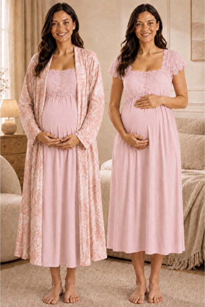 ByLohusa Soft Textured Patterned Dressing Gown Maternity Nightgown Set Effort...