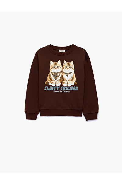 Koton Long Sleeve Crew Neck Hooded Cat Printed Sweatshirt