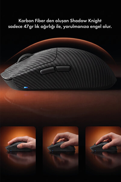 gameagle ShadowKnight Kablosuz 2.4Ghz+Bluetooth+Kablolu UltraHafif 47gr 1KHz 12000DPI KarbonFiber OyuncuMouse