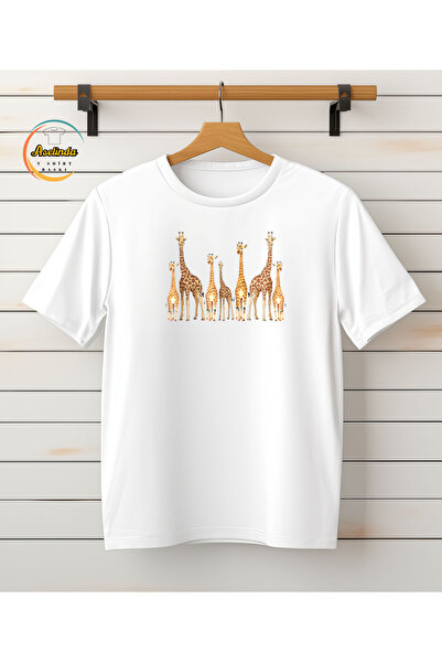 ASELİNDA Giraffe Printed New Fashion Heart Printed Round Neck Short Sleeve T-...