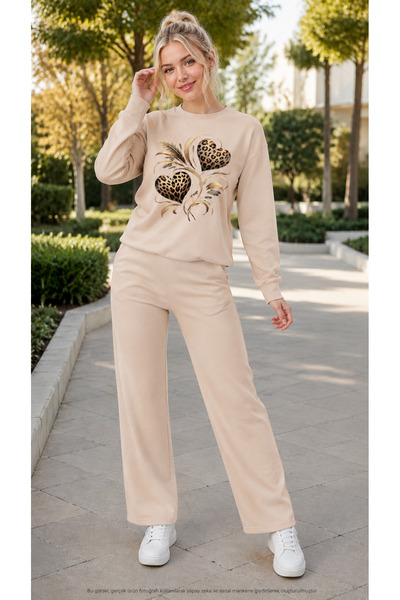 TREND EMMODA Women's Feather Detailed Leopard Heart Printed Tracksuit Set/Rou...