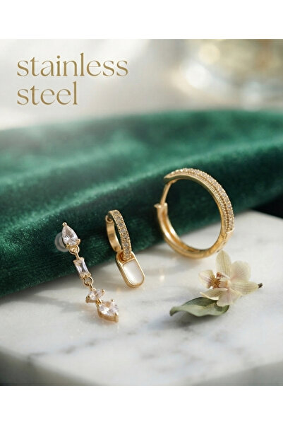 stainless steell طقم أقراط متدلية من النحاس بلون ذهبي وحجر الزركون مكون من 3 قطع