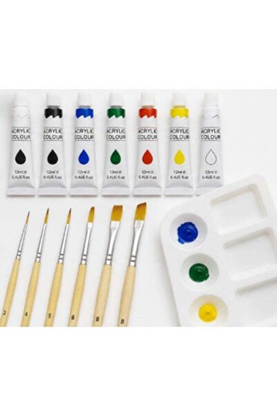 Generic Acrylic Painting Set 15 Pcs - 6 Paint Tubes, 8 Brushes & Mixing Palette