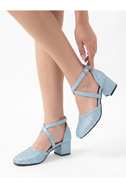 Pabrik Blue Glitter Cross Buckle Girls' Heeled Shoes