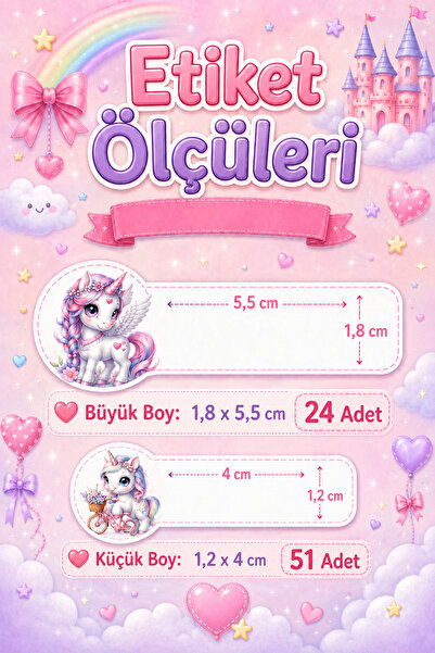 cabuk baskı Kız Çocuk İsme Özel Okul Etiketi 75 Adet Unicorn Temalı Defter Kitap Kalem İsim Etiketi