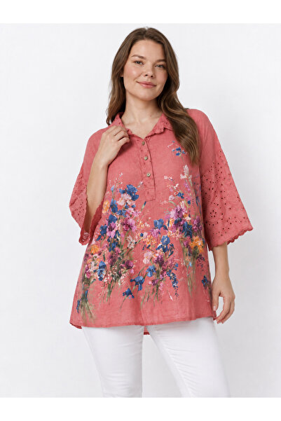 EtkiModa Women's Scalloped Bat Sleeve Loose Fit Italian Style Shirt Collar Tunic