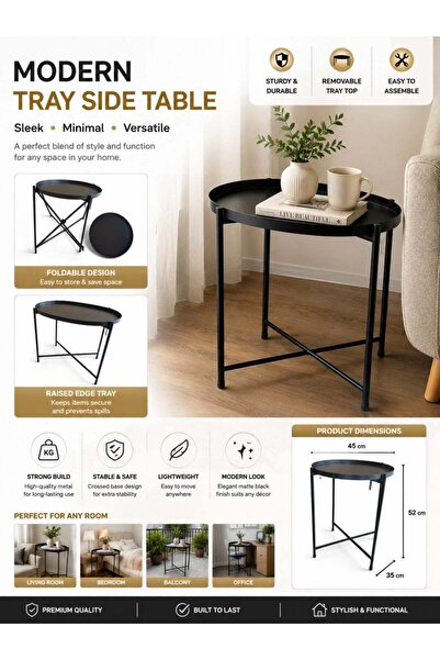 Habbaa Modern Round Tray Side Table – Foldable Metal End Table with Removable...