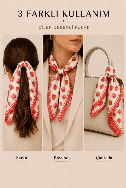 OUS Women's Strawberry Patterned 50X50 cm Satin Scarf, Red Edged Silky Textured Square Neck Hair and Bag Accessory
