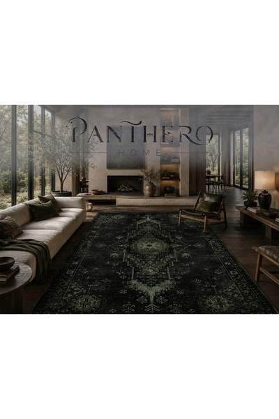 Panthero Home Siyah Yeşil Etnik Desenli Halı Kaymaz Taban Süngerli Yıkanabili...