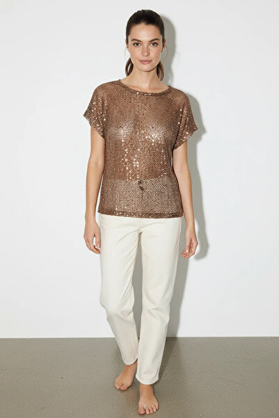 Efnaz style Women's Sequin Detailed Mesh Oversized Mink Blouse