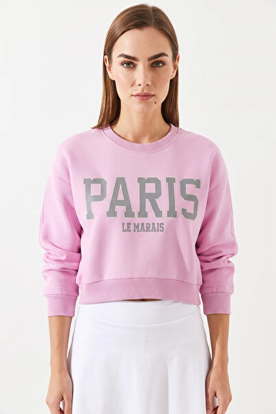 Efnaz style Women's Paris Printed Three Thread Ribbed Candy Pink Sweatshirt