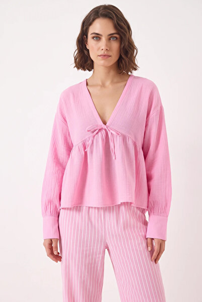 Efnaz style Women's V-Neck Tie-Detail Muslin Candy Pink Blouse