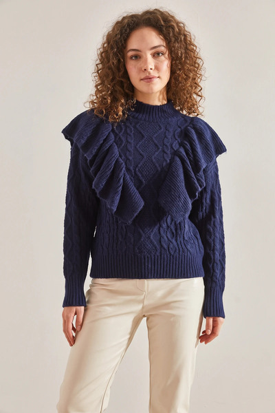 Efnaz style Women's Braided Openwork Knitwear Navy Blue Sweater