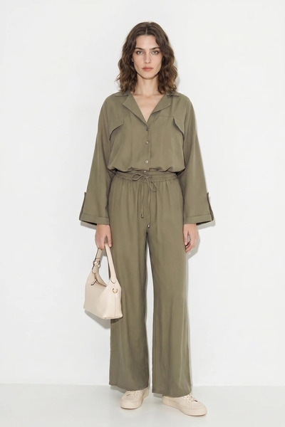 Efnaz style Women's Shirt Collar Balloon Sleeve Wide Leg Khaki Suit
