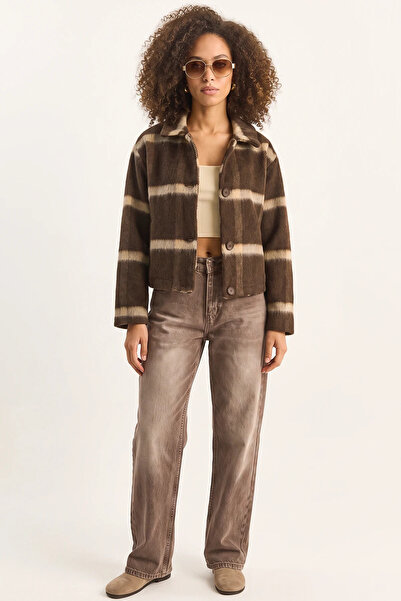 Generic Brand Women's Pocket Detailed Lined Plaid Brown Beige Coat