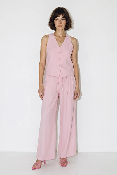 Efnaz style Women's V-Neck Buttoned Vest Wide-Leg Pink Trousers Set