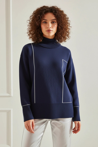 Efnaz style Women's Turtleneck Geometric Patterned Knitwear Navy Blue Sweater