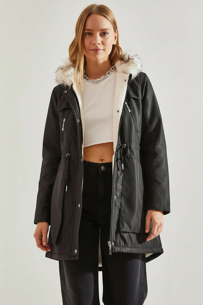 Efnaz style Women's Hooded Fur Black Coat