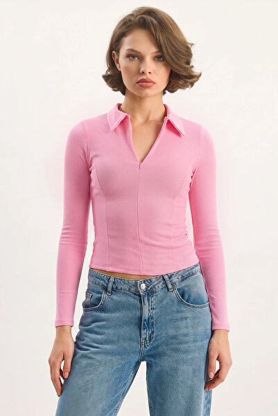 Efnaz style Women's Body-Hugging Half-Zip Ribbed Polo Collar Basic Candy Pink...