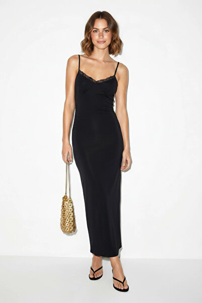 Generic Brand Women's Thin Straps Lace Detailed V-Neck Bodycon Maxi Black Dress