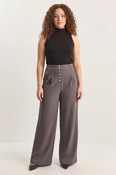 Efnaz style Women's Gold Button Detailed Pleated High Waist Palazzo Gray Trou...
