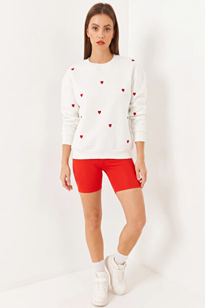 Generic Brand Women's Heart Embroidered Ecru Sweatshirt