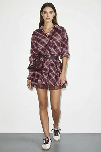 Efnaz style Women's Plaid Patterned Shirt, Lace Detailed Belted Layered Skirt...