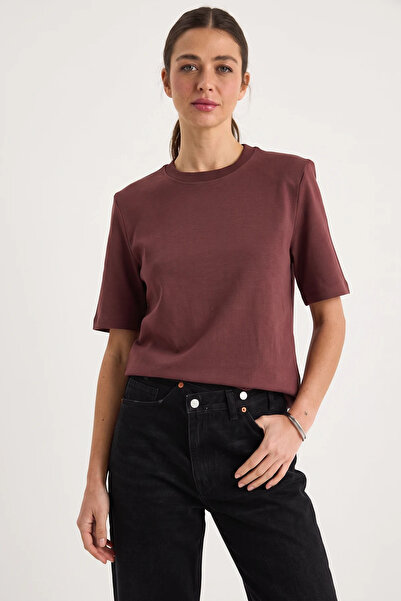 Şeker Portakalım Women's Crew Neck Padded Cotton T-Shirt Dark Red Brown